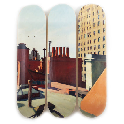 Triptych skateboard deck set titled “City Roofs” by Edward Hopper showing urban rooftop architectural details.