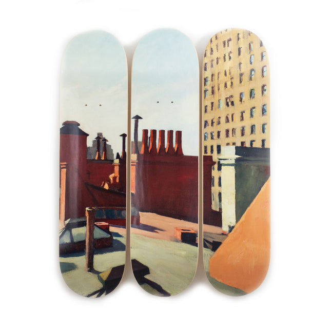 Triptych skateboard deck set titled “City Roofs” by Edward Hopper showing urban rooftop architectural details.