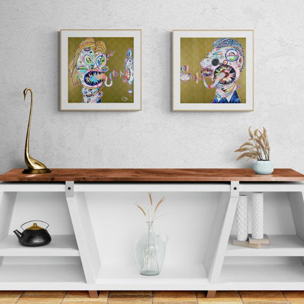 “Homage to Francis Bacon (Study for Head of Isabel Rawsthorne and George Dyer)” by Takashi Murakami, limited edition lithographs displayed in modern interior.