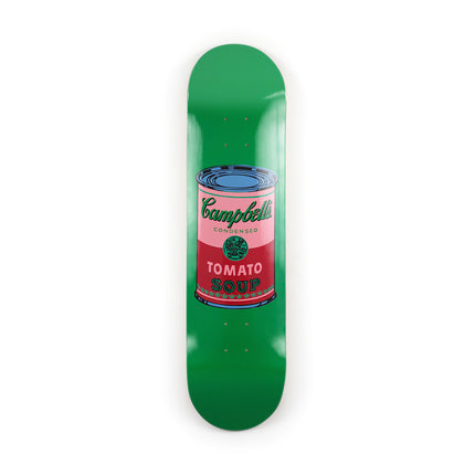 Complete view of green skateboard deck featuring a pink and red can design titled "Colored Campbell's Soup - Blood" by Andy Warhol