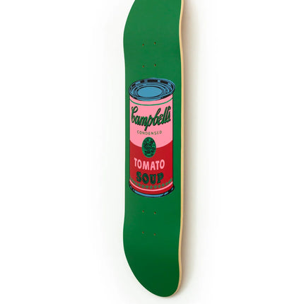 Frontal view of “Colored Campbell's Soup - Blood” skateboard deck by Andy Warhol, featuring pop art design with bold green and red colors.