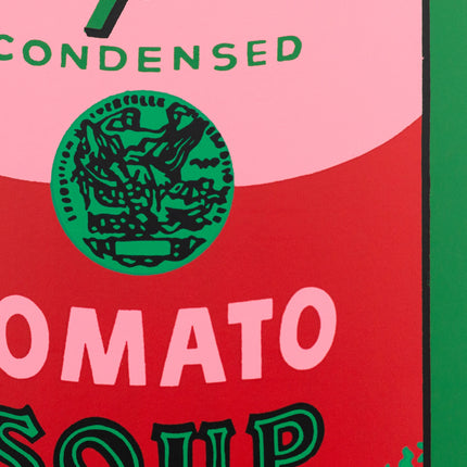 Close-up of “Colored Campbell’s Soup - Blood” by Andy Warhol showing bold red, green, and pink silkscreen pop art details.