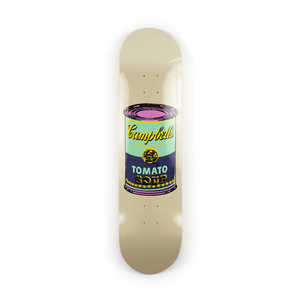 Overall view of “Colored Campbell's Soup - Eggplant” skateboard deck by Andy Warhol featuring pop art style Campbell's soup can design
