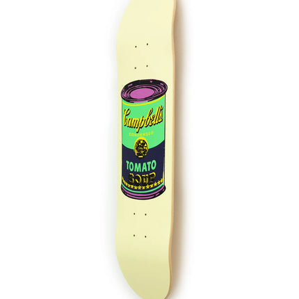 Overall view of skateboard deck featuring “Colored Campbell's Soup - Eggplant” design with pop art style by Andy Warhol on beige wood.