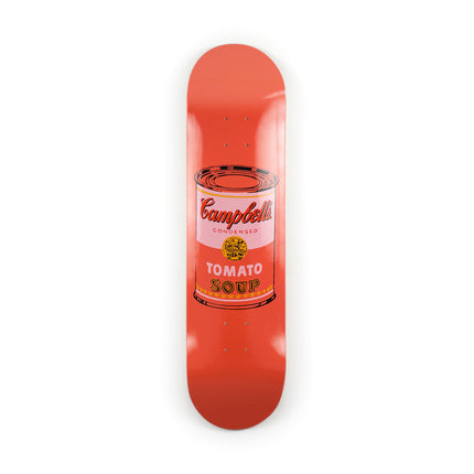 Overall view of "Colored Campbell's Soup - Peach" skateboard deck by Andy Warhol featuring pop art style and vibrant peach tones.