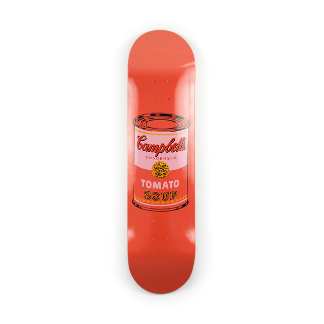 Overall view of "Colored Campbell's Soup - Peach" skateboard deck by Andy Warhol featuring pop art style and vibrant peach tones.