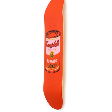 Frontal view of “Colored Campbell's Soup - Peach” skateboard deck featuring pop art style design by Andy Warhol on wood surface.