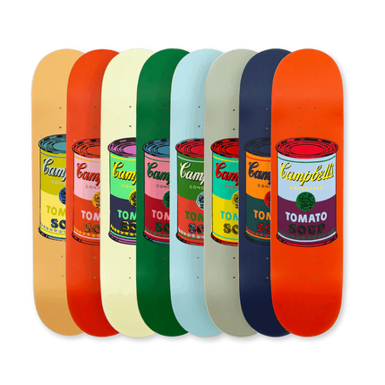 Set of 8 Colored Campbell's Soup skateboards by Andy Warhol featuring pop art design and vibrant colors in contemporary style