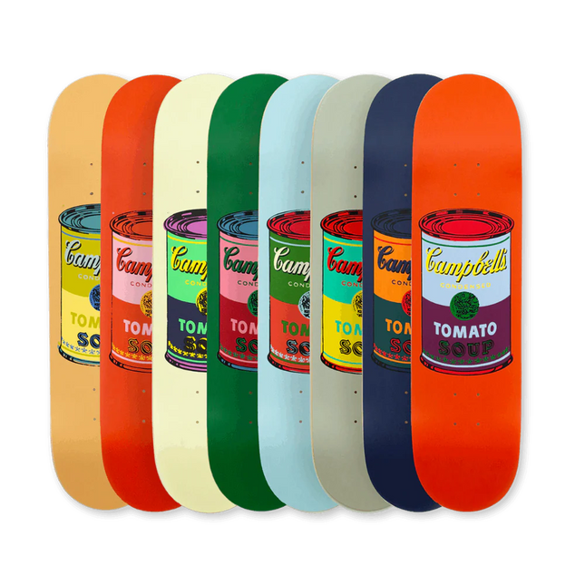 Set of 8 Colored Campbell's Soup skateboards by Andy Warhol featuring pop art design and vibrant colors in contemporary style