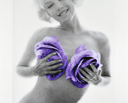 Full view of "The Last Sitting - Marilyn purple wink roses, 1962" by Bert Stern, photograph with hand-colored purple roses, limited edition.