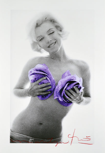 Full view of "The Last Sitting - Marilyn purple wink roses, 1962" by Bert Stern, photograph with hand-colored purple roses, limited edition.