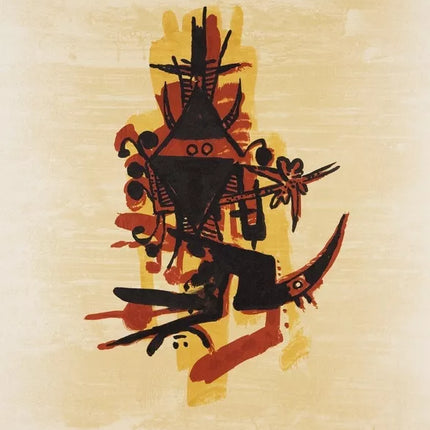 Full artwork view of Wifredo Lam’s “El último viaje del buque fantasma X” featuring abstract shapes in earth tones on beige background.