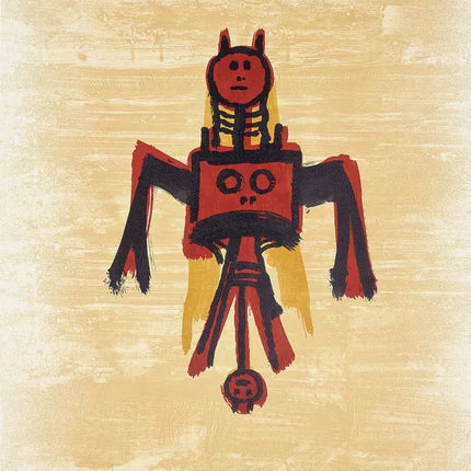 Full artwork view of Wifredo Lam’s “El último viaje del buque fantasma XI” featuring abstract red and black figure on beige background.
