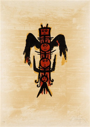 Full artwork view of Wifredo Lam’s “El último viaje del buque fantasma IX” featuring abstract tribal motifs on textured background