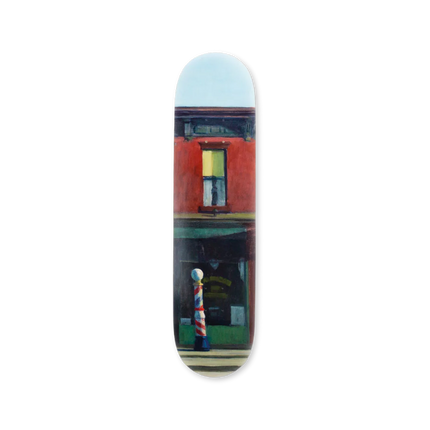 Full artwork view of Edward Hopper’s “Early Sunday Morning” printed on a skateboard deck featuring urban storefront and barber pole.
