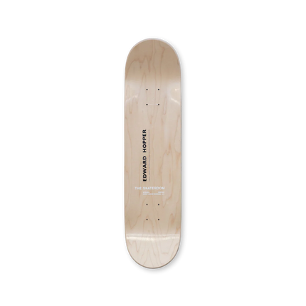 Full artwork view of skateboard deck titled “Early Sunday Morning” by Edward Hopper with natural wood finish and minimal design.