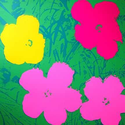"Flowers 11.68" by Andy Warhol vibrant pop art print featuring colorful flowers on green background at Artetrama gallery
