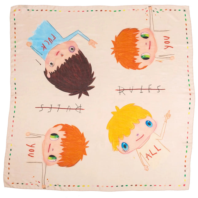 Full view of "Rules" by Javier Calleja featuring playful cartoon faces on silk fabric with written text and colorful border on display.