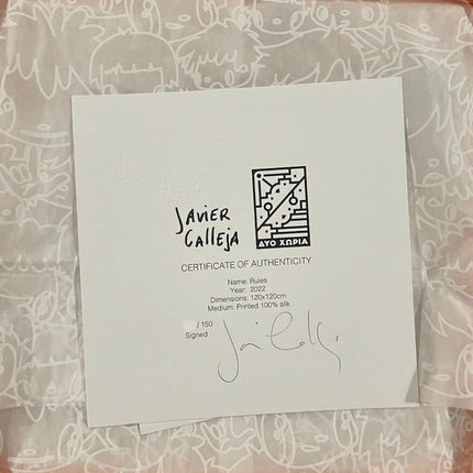 Edition detail of “Rules” by Javier Calleja showing certificate of authenticity signed for silk print edition of 150 pieces