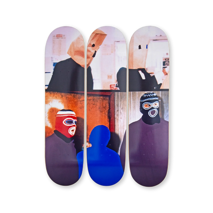 Complete artwork view of "Two Figures and Two Figures (Masked) with Blue Shape" by John Baldessari, contemporary design on skateboard decks.