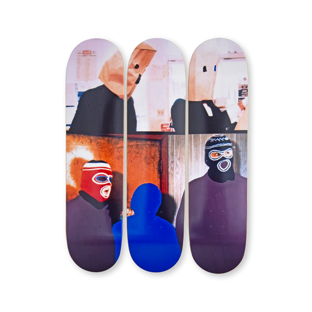 Complete artwork view of "Two Figures and Two Figures (Masked) with Blue Shape" by John Baldessari, contemporary design on skateboard decks.