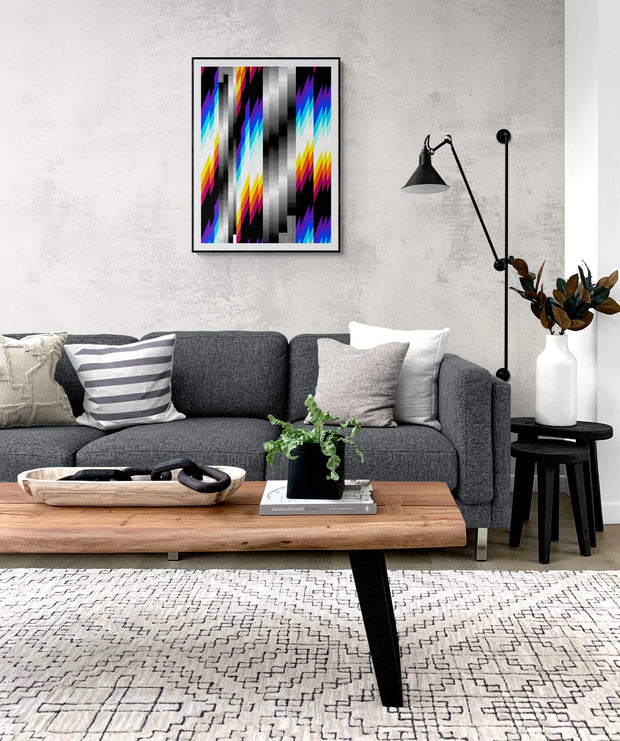 Chromadyna Micap #2 by Felipe Pantone displayed as a modern print in a sleek living room setting