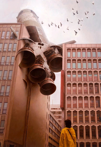 Overall view of "Edifice" by Jeremy Geddes showing a contemporary design object towering between urban buildings with birds overhead.