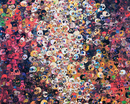 Front view of colorful skulls densely arranged in vibrant composition titled “I know not, I know” by Takashi Murakami