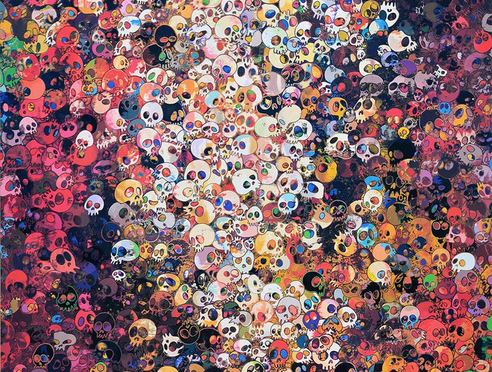 Front view of colorful skulls densely arranged in vibrant composition titled “I know not, I know” by Takashi Murakami